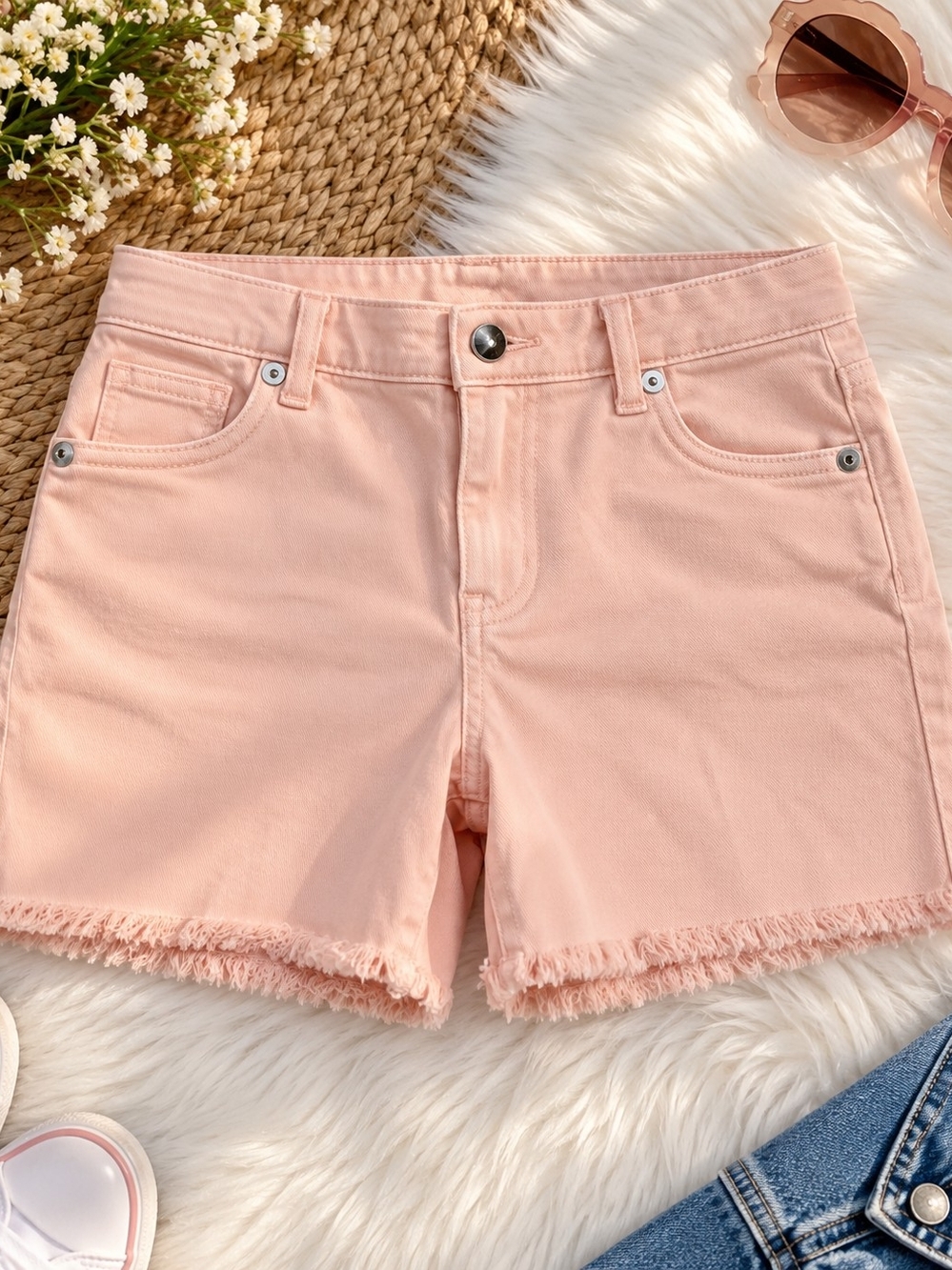 NWT Cat & Jack Peach Frayed Hem Denim Shorts Size 14